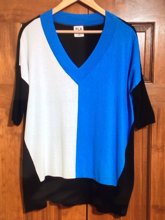 PLANET by Lauren G Tops - PLA Colorblock V-Neck Short Sleeve Top - Blue/White/Black